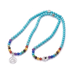 Synthetic Turquoise Synthetic Turquoise Wrap Bracelets, Four Loops, Stretch, Chakra Style, with Metal Pendants, 27.5 inch(20cm)