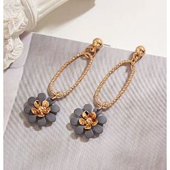 Серый Овальные серьги-гвоздики с цветком из латуни, золотые, серые, 48x16 мм