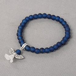 Bleu Marine Perles de verre dépoli bracelets élastiques, avec des découvertes en acrylique de style tibétain, belle robe de mariée ange dangle, argent antique, bleu marine, 51mm