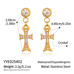 Настоящее золото 18K 304 серьги-гвоздики с подвесками в виде креста из нержавеющей стали со стразами для женщин, реальный 18 k позолоченный, 26.9x8.5 мм