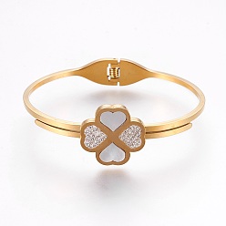Golden 304 Stainless Steel Bangles, with Polymer Clay Rhinestone and White Shell, Clover, Golden, 1-7/8 inchx2-3/8 inch(4.7x6.1cm)