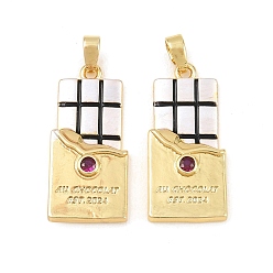 Темно-Розовый Латунные подвески с эмалью из кубических цирконий, шоколадные чары, реальный 18 k позолоченный, темно-розовыми, 25.5x12x3 мм, отверстие : 5.5x2.5 мм