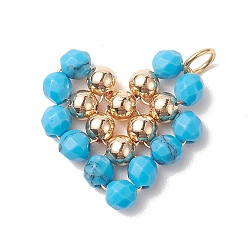 Turquoise Synthétique Pendentifs enveloppés de fil de cuivre turquoise synthétique, charmes de coeur, avec perles en laiton doré, 22.5x22x4.5mm, Trou: 3.6mm