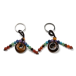 Tiger Eye 7 Chakra Natural Gemstone Tassel Keychain, Tiger Eye Donut Reiki Healing Keychain, with Platinum Tone Iron Ring, 9.5~10.2cm