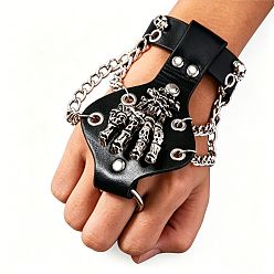 Platinum Punk Alloy Skeleton Hand PU Leather Hand Harness, Rivet Chain Linked Finger Wrist Cuff, Black, Platinum, 6.30 inch(16cm)