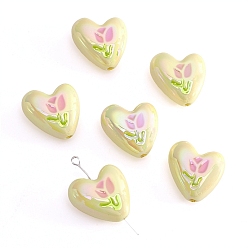 Шампанско-Желтый 2шт. УФ-покрытия акриловые бусины, сердце с тюльпаном, с эмалью, шампанское желтый, 20x19 мм, отверстие : 2 мм