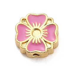 Бледно-фиолетовый Красный Оправы для цветочных бусин из латуни с эмалью и стразами, долговечный, стойки покрытие, без свинца и без кадмия, ионное покрытие (ip), реальный 18 k позолоченный, бледно-фиолетовый красный, пригодный для стразов 1.5 мм, 7.5x7.5x3.5 мм, отверстие : 1.2 мм