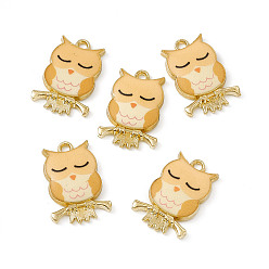 Sandy Brown Painted Alloy Pendants, Owl Charm, Cadmium Free & Nickel Free & Lead Free, Golden, Sandy Brown, 21.5x15x2.3mm, Hole: 2mm