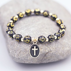 Black Plastic Round with Cross Beaded Stretch Bracelets, with Alloy Oval Charms, Black, 7-1/8 inch(18cm)