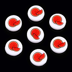 Арбуз Непрозрачные акриловые бусины, плоский круглый с рисунком фруктов, арбуз, 11x4 мм, отверстие : 1.5 мм