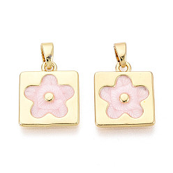 Розовый Латунь с эмалевыми подвесками, квадратные и цветочные подвески, реальный 18 k позолоченный, туманная роза, 15.5x13x1.5 мм, отверстие : 4.5x2.5 мм