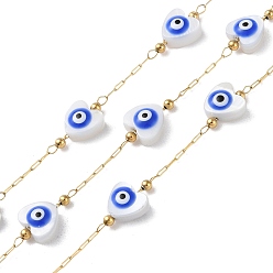 Real 18K Gold Plated Ion Plating(IP) 304 Stainless Steel Link Chains, with Shell & Enamel & Spool, Soldered, Real 18K Gold Plated, 2x0.7x0.2mm, Heart: 6.5x6.5x3.5mm, about 32.81 Feet(10m)/Roll