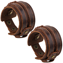 Coconut Brown 2Pcs Cowhide Cord Wide Cord Bracelets, with Alloy Findings, Coconut Brown, 230x45mm