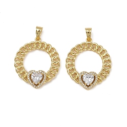 Плоский Круглый Латунные микро проложить кубического циркония подвески, долговечный, без кадмия и без свинца, стойки покрытие, реальный 18 k позолоченный, плоско-круглые, 33x28.5x5 мм, отверстие : 6x4 мм