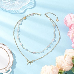 Морганит 304 подвеска-бантик из нержавеющей стали с натуральными самородками морганита, двухслойные цепочные ожерелья для женщин, золотые, 14.96 дюйм (38 см)