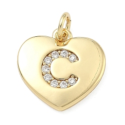 Letter C Латунные микропаве прозрачные подвески с фианитом, сердце прелести, без кадмия и без свинца, стойки покрытие, долговечный, реальный 18 k позолоченный, буква С, 15x15x2 мм, отверстие : 3 мм