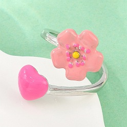 Pink Brass Cuff Open Rings for Women, Flower, with Enamel, Cadmium Free & Lead Free, Rack Plating, Long-Lasting Plated, Platinum, Pink, US Size 7 1/4(17.5mm)