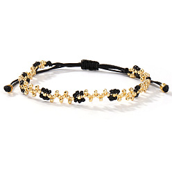 Черный Браслеты из бисера и бусин из богемского стекла, регулируемые браслеты из плетеного шнура из полиэстера для женщин, цветок, чёрные, внутренний диаметр: 11 дюйм (28 см)
