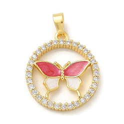 Светло-Вишневый Латунные микропроволочные кубические циркониевые подвески из эмали, без кадмия, без никеля и без свинца, подвески в виде кольца и бабочки, реальный 18 k позолоченный, светло-вишневый, 22x19x3 мм, отверстие : 5x2.5 мм