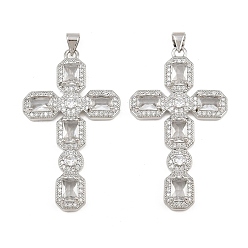 Clear Brass Micro Pave Cubic Zirconia Pendants, Octagon Shaped Cross Charms, Cadmium Free & Lead Free, Platinum, Clear, 45.5x26x4.5mm, Hole: 5mm