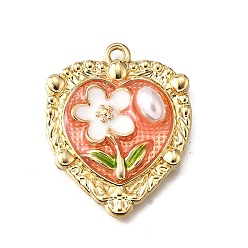 Легкий Лосось Подвески из эмали и сплава, с ABS имитации жемчуга, Сердце со цветками , стойки покрытие, долговечный, без свинца, без кадмии и без никеля, золотые, светлый померанцевый, 27.5x22.5x5.5 мм, отверстие : 1.5 мм
