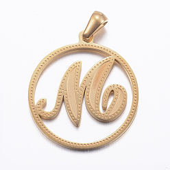 Letter M Ion Plating(IP) 304 Stainless Steel Pendants, Flat Round with Letter, Golden, Letter.M, 28x25x1.2mm, Hole: 6x3.5mm