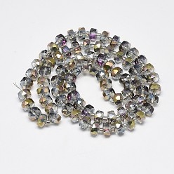 Orchid Electroplate Glass Beads Strands, Rainbow Plated, Faceted, Flat Round, Orchid, 7~8x5mm, Hole: 1mm, about 80pcs/strand, 21.26 inch