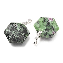 Ruby in Zoisite Faceted Natural Ruby in Zoisite Pendants, with Platinum Tone Brass Findings, Hexagon, 28x25x9mm, Hole: 4x5mm