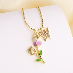 Орхидея Подвеска-колье из латуни с микропаве из прозрачных кубических цирконий и эмалью в виде бабочки и розы для женщин., золотые, сиреневые, 16.93 дюйм (43 см)