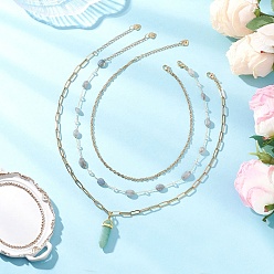 Зеленый Авантюрин Подвеска в виде пули с двумя концами из натурального зеленого авантюрина 304 цепочка из нержавеющей стали и латуни 3 многослойные ожерелья для женщин, золотые, 14.88~18.23 дюйм (37.8~46.3 см), 3 шт / комплект