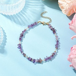 Аметист Браслеты на ногу с натуральным аметистом и стеклянными бусинами, с 304 удлинителями цепи из нержавеющей стали, золотые, 9-1/8~9-1/4 дюйм (233~236 мм)