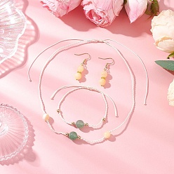 Смешанные камни Комплект из ожерелья, браслета и сережек из натурального желтого нефрита, зеленого авантюрина и синтетического гематита, с оплеткой нейлоновой нити, 1.61x0.33 дюйм (41x8.5 мм)