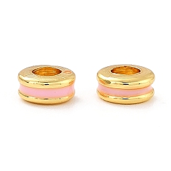 Pink Brass Rack Plating, with Enamel Beads, Real 18K Gold Plated, Cadmium Free & Lead Free
 , Rondelle, Pink, 6x3mm, Hole: 3mm