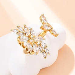 Настоящее золото 18K Латунные кольца-манжеты с микропаве и прозрачным цирконием для женщин, лист, стойки покрытие, без кадмия и без свинца, долговечный, реальный 18 k позолоченный, размер США 7 1/4 (17.5 мм)