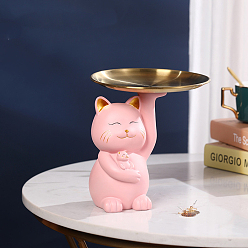 Pink Скульптура кота из смолы с металлическим подносом, Ювелирная конфетница, декоративный поднос для ключей, украшение для дома, офиса, отеля, розовые, 110x170 мм