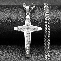 Нержавеющая Сталь Цвет 201 ожерелья с кулоном в виде креста из нержавеющей стали и стразами, цвет нержавеющей стали, 23.62 дюйм (60 см)