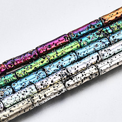 Mixed Color Electroplated Natural Lava Rock Beads Strands, Column, Bumpy, Mixed Color, 13x4mm, Hole: 1mm, about 29~30pcs/strand, 15.16 inch~15.75 inch(38.5cm~40cm)