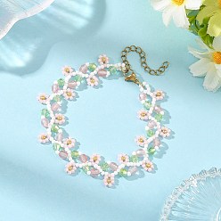 Pink Flower Seed Bead Beaded Bracelet Sets with Cherry Quartz Glass for Women, Golden, Pink, 7.48 inch(19cm)