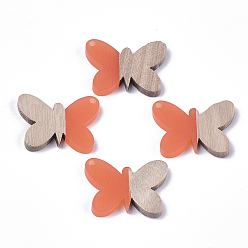 Coral Resin & Wood Pendants, Butterfly, Coral, 21.5x27.5x3mm, Hole: 1.8mm