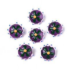 Сине-фиолетовый Бусины лэмпворк , неровный плоский круглый с цветком, синий фиолетовый, 18.5~20x10~11 мм, отверстие : 1 мм