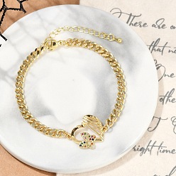 Настоящее золото 18K Латунь микро проложить кубического циркония браслеты ссылку, кубинская цепочка ювелирные изделия для женщин, бабочка, реальный 18 k позолоченный, 7-3/8 дюйм (18.7 см), подвески: 30x20x4 мм