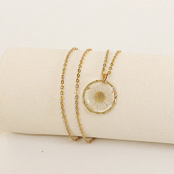 (404) Непрозрачное AB Кислое яблоко Ожерелья с плоским круглым кулоном из сплава и пластика с внутренним цветком, золотые, цветочный белый, 17.72 дюйм (45 см)