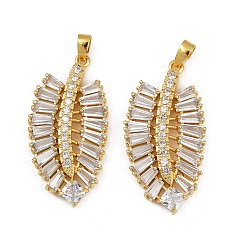 Золотой Подвески из латуни с покрытием из прозрачного кубического циркония, долговечный, лист прелести, золотые, 40x20.5x4.5 мм, отверстие : 5x3 мм