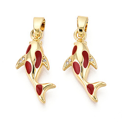 Настоящее золото 18K Подвески из латуни с микропаве из кубических цирконий и эмали, без кадмия, без никеля и без свинца, рыба, реальный 18 k позолоченный, 23.5x10.2x3.3~3.8 мм, отверстие : 2.3~3x5.8~6 мм