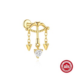 Сердце 925 Серьги-гвоздики из стерлингового серебра с инкрустацией прозрачными кубическими циркониями, золотые, сердце, 15x10.5 мм