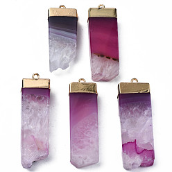 Camellia Natural Agate Pendants, Dyed, with Golden Brass Findings, Rack Plating, Nuggets, Camellia, 40~50x14.5~17x7.5~8.5mm, Hole: 1.8mm