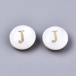 Letter J Natural Freshwater Shell Beads, with Golden Plated Brass Etched Metal Embellishments, Flat Round, Seashell Color, Letter.J, 8x3~5mm, Hole: 0.5~07mm