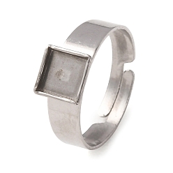 Stainless Steel Color Adjustable 304 Stainless Steel Finger Rings Components, Pad Ring Base Findings, Squara, Stainless Steel Color, 7mm,17mm, Tray Size: 6x6mm
