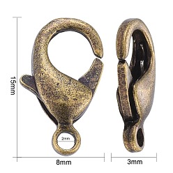 Antique Bronze Brass Lobster Claw Clasps, Parrot Trigger Clasps, Cadmium Free & Nickel Free & Lead Free, Antique Bronze, 15x8x3mm, Hole: 2mm