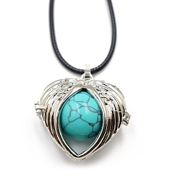 Synthetic Turquoise Synthetic Turquoise Cage Pendant Necklaces, Heart Wing, 20.08~31.50 inch(51~80cm)